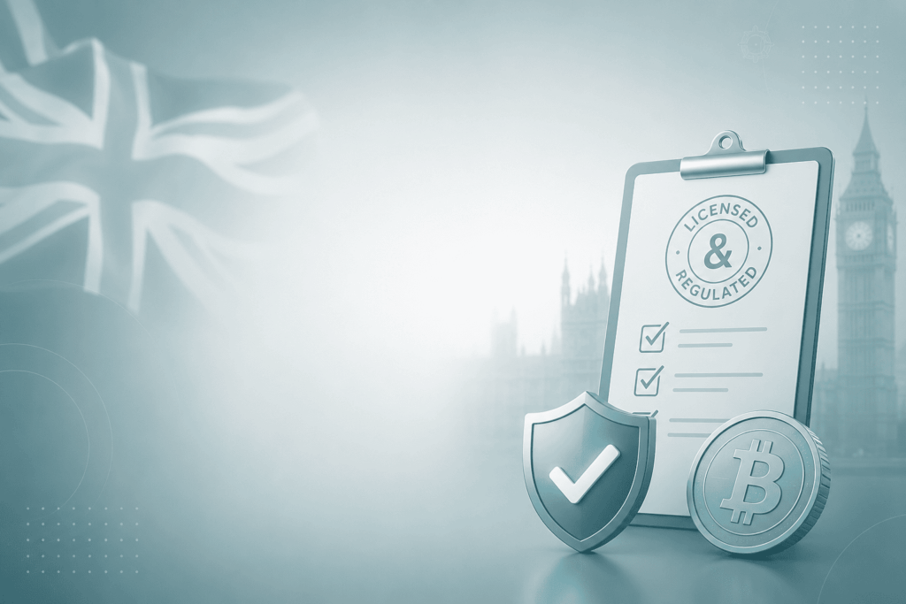 Licensing checklist with a shield and a Bitcoin coin against a Union Jack