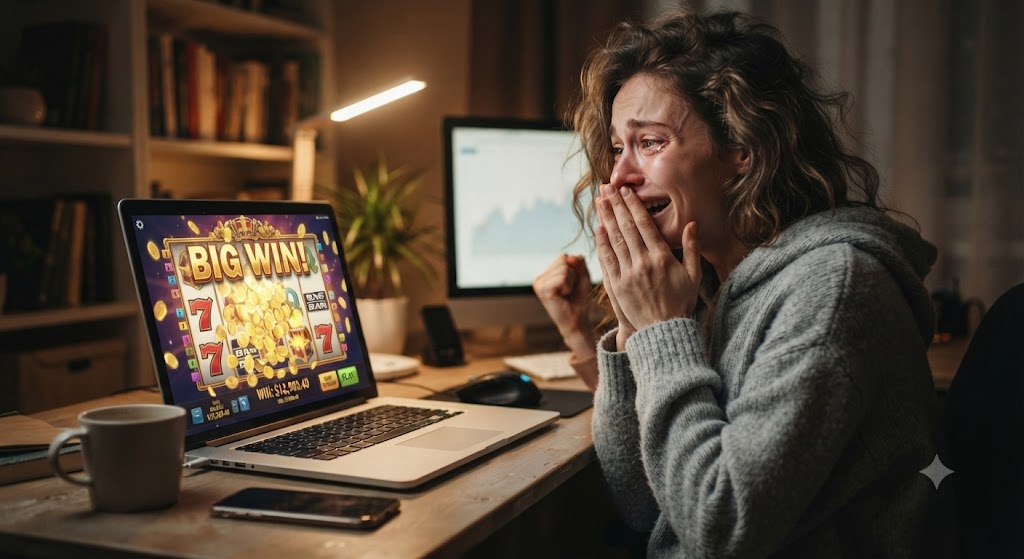 Player at a laptop reacting to a slot machine win