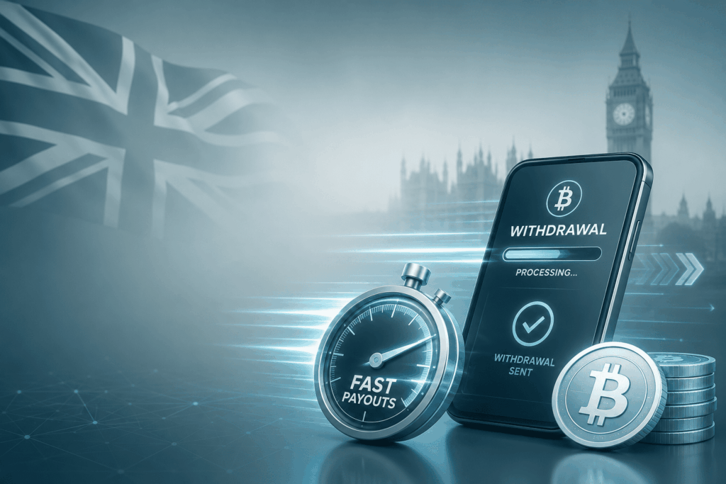 Phone showing a Bitcoin withdrawal being processed next to a fast payouts dial