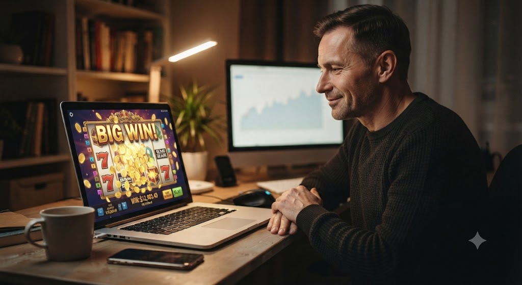 Player at a laptop during a slot game session