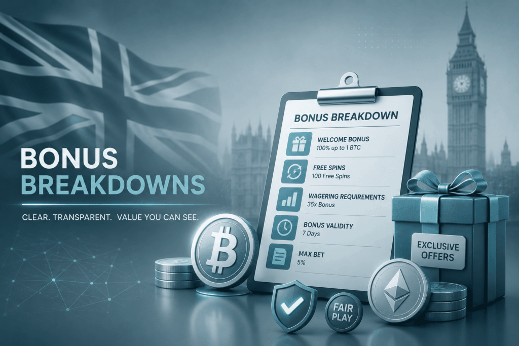 Bonus breakdown card listing welcome bonus, free spins, wagering requirement and max bet
