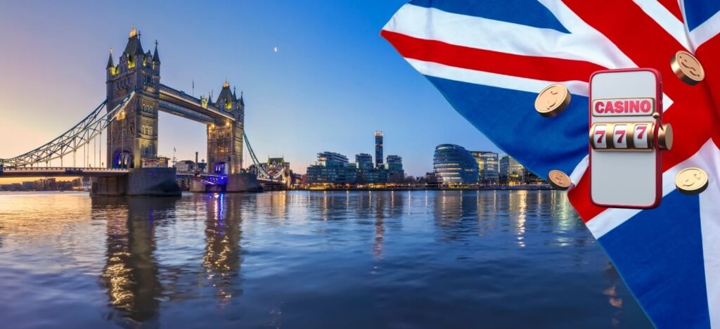 Tower Bridge and the London skyline beside a Union Jack, a slot machine reel and Bitcoin coins