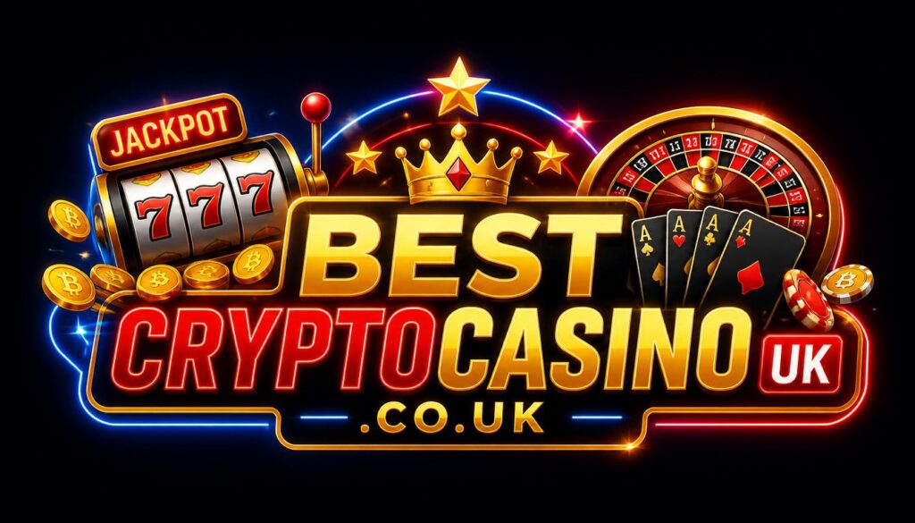 bestcryptocasinouk.co.uk mark: slot reels, a roulette wheel and cards around the site name