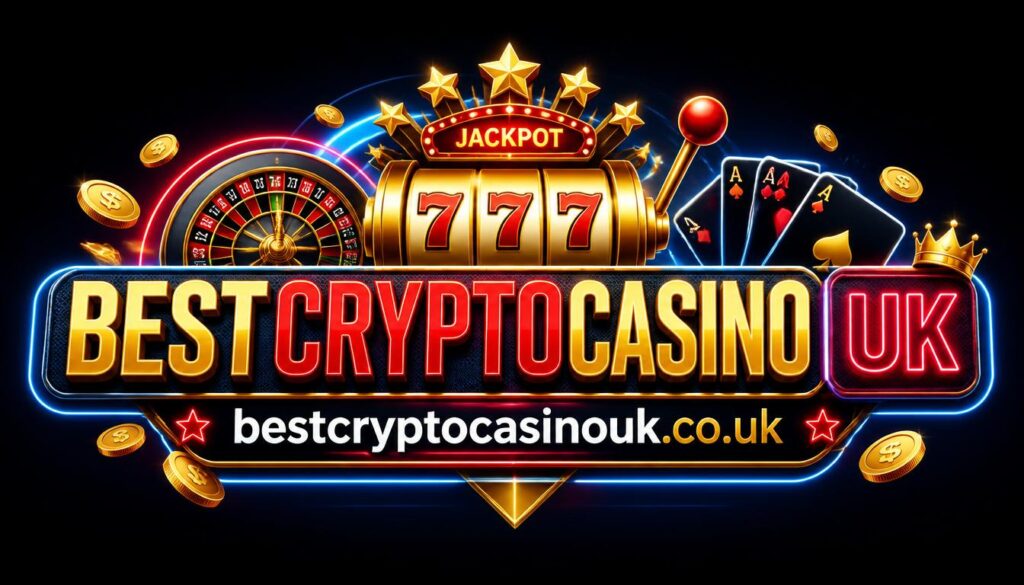 bestcryptocasinouk.co.uk sign in neon with a roulette wheel, reels and cards